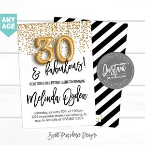 Thirty and Fabulous Invitation, Editable 30th Birthday Invitation, 30AF, Black & Gold Glitter, Surprise, Printable invite, Instant Access