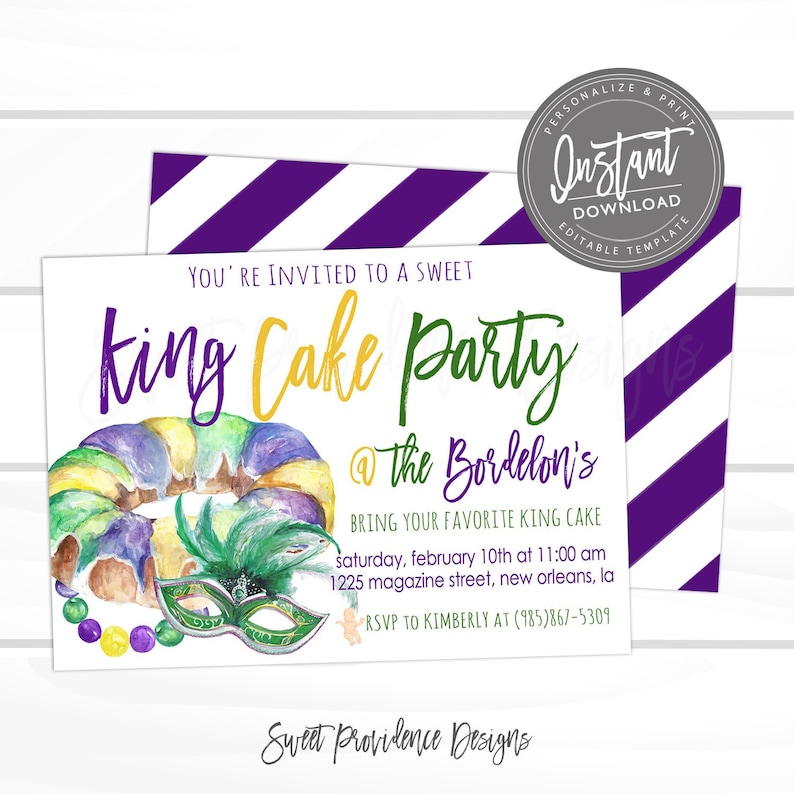May include: A purple and white striped background with a white card on top. The card has a watercolor illustration of a king cake, a green, purple, and gold mask, and purple and gold beads. The text on the card reads "You're invited to a sweet King Cake Party @ The Bordelon's. Bring your favorite king cake. Saturday, February 10th at 11:00 am. 1225 Magazine Street, New Orleans, LA. RSVP to Kimberly at (985) 867-5309. Sweet Providence Designs."