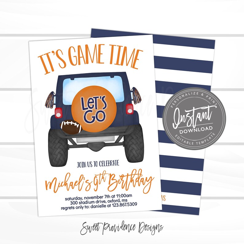 Peut inclure: Une invitation blanche avec une illustration de jeep bleu marine, un ballon de football et le texte "IT'S GAME TIME". L'invitation est pour le 9e anniversaire de Michael. Le design comprend un code couleur orange et bleu marine.