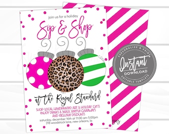 Christmas Flyer, Editable Ornament Sip & Shop Holiday Boutique Invite, Business shopping flyer, open house template  Instant Download
