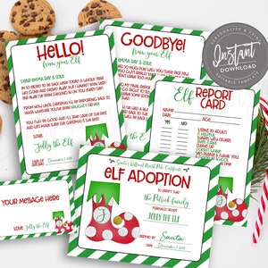May include: A collection of Christmas-themed printable templates, including elf adoption certificates, report cards, and letters. The designs feature red, green, and white colors, with candy canes and chocolate chip cookies.