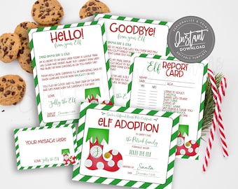 Op de afbeelding: Een verzameling kerst-thema printbare sjablonen, waaronder elf adoptiecertificaten, rapportkaarten en brieven. De ontwerpen bevatten rode, groene en witte kleuren, met zuurstokken en chocoladekoekjes.