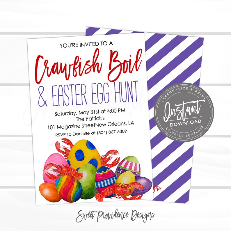 K&ouml;nnte beinhalten: Eine Einladung zu einem Crawfish-Kochen und einer Ostereiersuche. Die Einladung zeigt eine Aquarell-Illustration von bunten Ostereiern und roten Crawfish. Der Text lautet "You're invited to a Crawfish Boil & Easter Egg Hunt" und enth&auml;lt Datum, Uhrzeit, Ort und RSVP-Informationen.