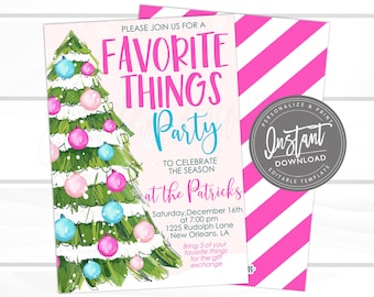 Puede incluir: Invitación rosa y blanca para una "Favorite Things Party" con una ilustración de árbol de Navidad en acuarela. La invitación incluye detalles del evento y un sobre a rayas rosas y blancas.