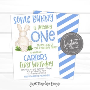 Puede incluir: Un fondo a rayas azules y blancas con una ilustraci&oacute;n de un conejo blanco. El texto dice "Some bunny is turning one. Please join us for a birthday party to celebrate Carter's first birthday. Saturday, March 22nd at 1:00 pm. Carter's bunny hole, 123 floppy ear drive. RSVP to Danielle at (985)867-5309. Sweet Providence Designs."