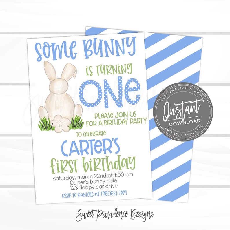 Puede incluir: Un fondo a rayas azules y blancas con una ilustraci&oacute;n de un conejo blanco. El texto dice "Some bunny is turning one. Please join us for a birthday party to celebrate Carter's first birthday. Saturday, March 22nd at 1:00 pm. Carter's bunny hole, 123 floppy ear drive. RSVP to Danielle at (985)867-5309. Sweet Providence Designs."