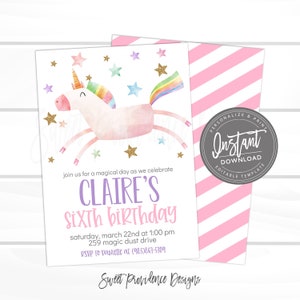 Unicorn Invitations, Unicorn Birthday Invitation, Editable Girl Rainbow Birthday invite template, Magical Celebration Instant Access image 1