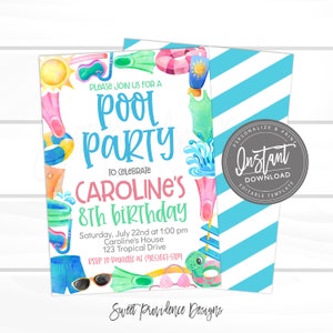 May include: A blue and white striped background with a pool party invitation for Caroline's 8th birthday. The invitation features a watercolour illustration of pool toys, a sun, and a swimsuit. The text reads "Please join us for a pool party to celebrate Caroline's 8th birthday. Saturday, July 22nd at 1:00 pm Caroline's House 123 Tropical Drive RSVP to Danielle at (985)867-5309".