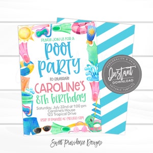 Pool Party Invitation, Summer Pool Party Invite, Girl Sibling Birthday Invitation, Editable Birthday Invitation, Instant Access- Edit Now