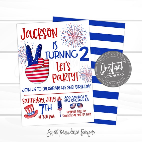 4th of July Birthday Party Invitation, Second Birthday, Editable Patriotic Red white blue two Fireworks Invite, printable Instant Access Il_570xn