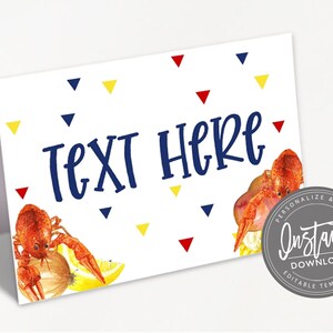 Op de afbeelding: Witte gevouwen kaart met de tekst "TEXT HERE" in marineblauwe letters, versierd met rode, gele en marineblauwe driehoeken. Aquarel illustraties van rivierkreeften, citroen en ui zijn afgebeeld. Een cirkelvormige "Instant Download" afbeelding staat rechts.
