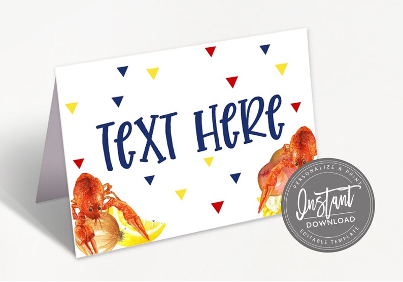 Op de afbeelding: Witte gevouwen kaart met de tekst "TEXT HERE" in marineblauwe letters, versierd met rode, gele en marineblauwe driehoeken. Aquarel illustraties van rivierkreeften, citroen en ui zijn afgebeeld. Een cirkelvormige "Instant Download" afbeelding staat rechts.