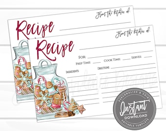 Christmas Cookie Exchange Recipe Card, Editable Christmas Recipe Card template,Cookie exchange,Gingerbread,Christmas Recipe,Instant Download