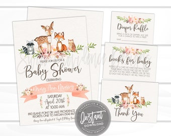 Woodland Animals Floral Invitation Set, Editable Baby Shower invitation Suite, Woodland Invite, Baby Shower Invitation Kit, Instant Access