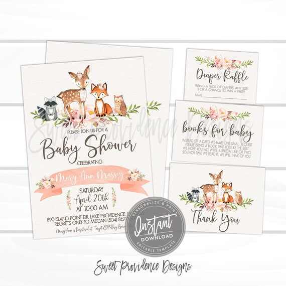 Woodland Animals Floral Invitation Set, Editable Baby Shower invitation Suite, Woodland Invite, Baby Shower Invitation Kit, Instant Access Il_570xn