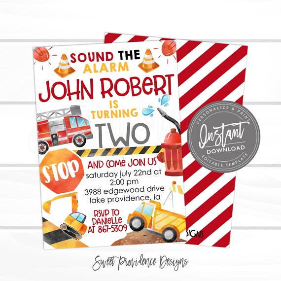 Construction Birthday Invitation, Boys Birthday invitation, Fire Truck Construction Invitation, Editable Birthday Invitation, Instant Access Il_570xn