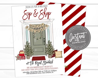 Christmas Flyer, Editable Sip & Shop Holiday Boutique Invite, Business shopping flyer, open house template  Instant Download