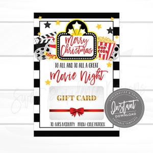 May include: A Christmas-themed gift card with a movie night theme. The card features a black and white striped border, popcorn, film reels, and the words "Merry Christmas" and "Movie Night." Includes a gift card area with a red bow.