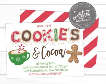 Fête de Noël biscuits et cacao, modèle de fête de Noël modifiable, biscuit au cacao, pain d'épice, invitation à une fête de Noël, téléchargement immédiat