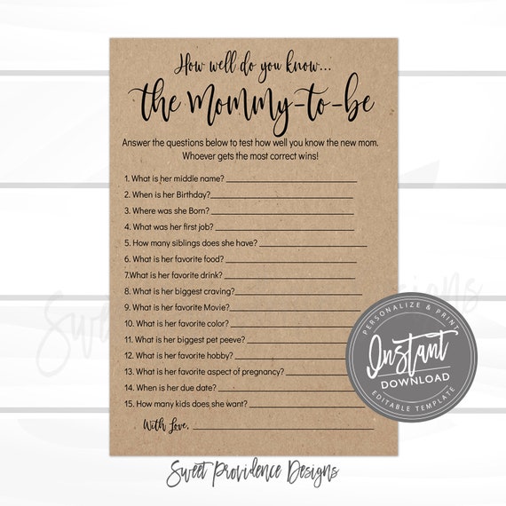 Printable Rustic Baby Shower How Well Do You Know Mommy Kraft