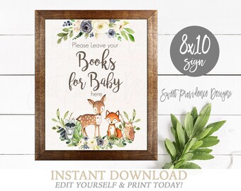 Books for Baby Shower Sign, Editable Woodland Boy Animals Sign, Woodland Boy Animals, 8x10 Baby Shower Sign, Instant Access,