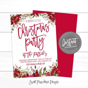 May include: A Christmas party invitation with red text and floral accents. The invitation reads "A Merry Little Christmas Party" and includes event details. A red envelope is visible behind the invitation. The invitation is an instant download.