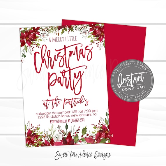 Holiday Party Invitation, Red Poinsettia Watercolor Floral Holiday Party, Editable Christmas Party template,Company Party,Instant Download Il_570xn