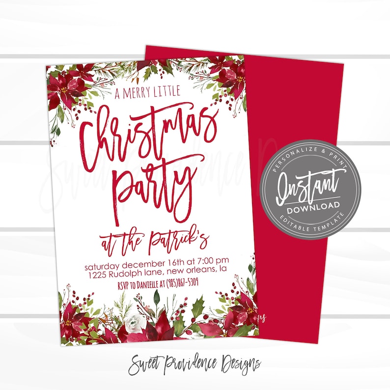 May include: A Christmas party invitation with red text and floral accents. The invitation reads "A Merry Little Christmas Party" and includes event details. A red envelope is visible behind the invitation. The invitation is an instant download.