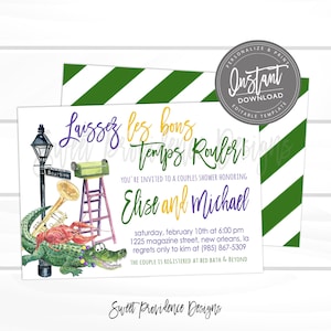 May include: A watercolor illustration of a green alligator with a purple and gold Mardi Gras mask. The illustration is on a white background with green and white stripes. The text on the invitation reads "Laissez les bons temps rouler!" and "You're invited to a couples shower honoring Elise and Michael".