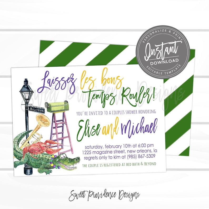May include: A watercolor illustration of a green alligator with a purple and gold Mardi Gras mask. The illustration is on a white background with green and white stripes. The text on the invitation reads "Laissez les bons temps rouler!" and "You're invited to a couples shower honoring Elise and Michael".