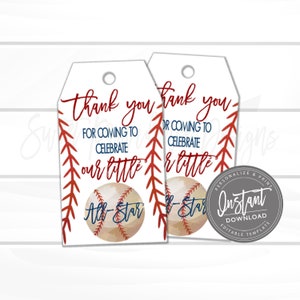 Baseball Printable Gift Tag, Thanks You Baseball Party Favor Tag, All Star, Summer Tag Printable, Party Favor, Instant Access - Edit Now