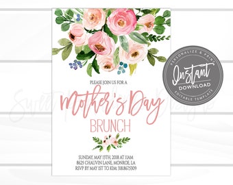 Mother's Day Brunch Invitation, EDITABLE Church Brunch Invite, Mothers Day, elegant Pink Floral PRINTABLE, , Instant Access