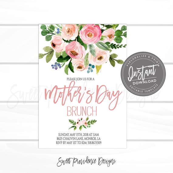Mother's Day Brunch Invitation, EDITABLE Church Brunch Invite, Mothers Day, elegant Pink Floral PRINTABLE, , Instant Access Il_570xn