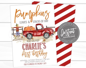Pumpkin Birthday Invitation, Pumpkin, Red Truck, Pumpkin Patch, Fall Invitation, Editable Birthday Invitation Template, Instant Download