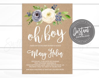 Rustic Baby Shower Invitation, Blue Floral Watercolor, Kraft Baby Boy Shower invitation, Watercolor Floral baby Invitation, Instant Access