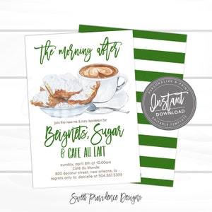May include: A green and white striped background with a white card featuring a watercolor illustration of beignets, a cup of coffee, and the text "The morning after". The card also includes the text "Join the new Mr. & Mrs. Bordelon for Beignets, Sugar & Cafe au Lait" and details for a brunch event.
