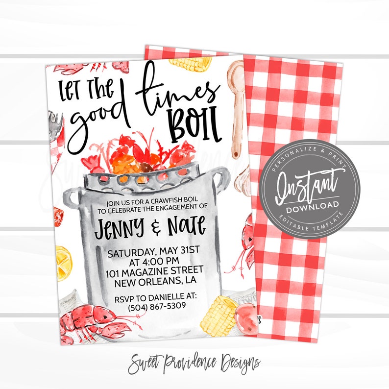 May include: A red and white checkered background with a watercolor illustration of a crawfish boil. The text "Let the good times boil" is written in black cursive. The invitation is for an engagement party for Jenny and Nate. The event is on Saturday, May 31st at 4:00 PM at 101 Magazine Street in New Orleans, LA. The RSVP information is (504) 867-5309.