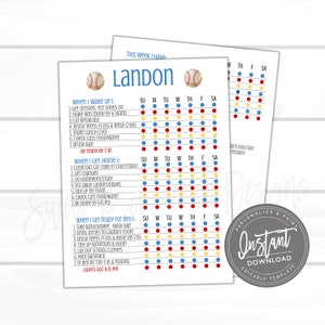 Puede incluir: Un cuadro de tareas imprimible para un niño llamado Landon. El cuadro está dividido en tres secciones: Cuando me despierto, Cuando llego a casa y Cuando me preparo para la cama. Cada sección enumera las tareas diarias con casillas de verificación correspondientes para cada día de la semana. El cuadro presenta un tema de béisbol con colores rojo, amarillo y azul.