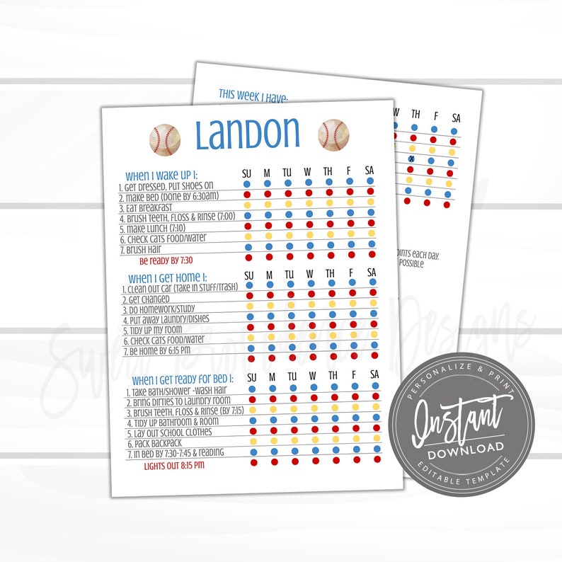 Pu&ograve; includere: Un grafico delle faccende stampabile per un bambino di nome Landon. Il grafico &egrave; diviso in tre sezioni: Quando mi sveglio, Quando torno a casa e Quando mi preparo per andare a letto. Ogni sezione elenca i compiti quotidiani con caselle di controllo corrispondenti per ogni giorno della settimana. Il grafico presenta un tema di baseball con i colori rosso, giallo e blu.