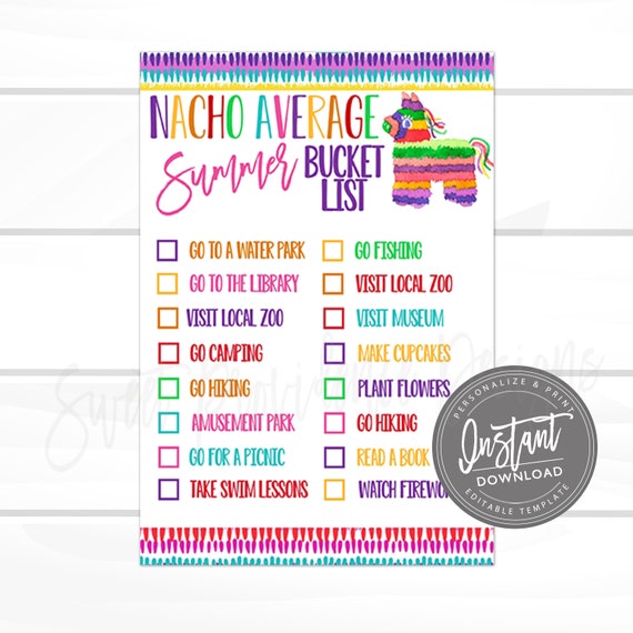EDITABLE Fiesta Summer Bucket List, Summer Activity Checklist, Nacho Average Summer, Family Summer Bucket List, Instant Access - EDIT NOW Il_570xn