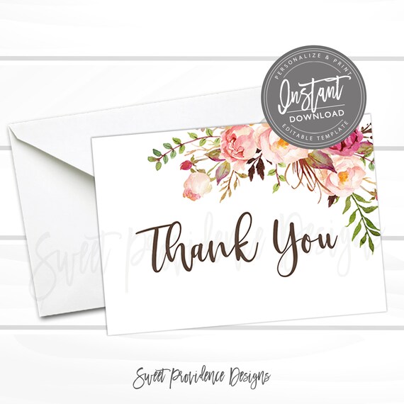 Rustic Floral Thank You Card, Rustic Boho Pink Floral Card, Editable Baby Shower thank you, Thank you Card, , Instant Access Il_570xn