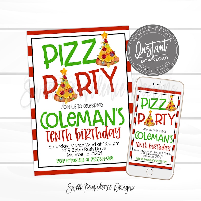 May include: A pizza party invitation with a red and white striped border. The invitation features the words "PIZZ PARTY" in green and red, with a pizza slice decorated like a Christmas tree. The invitation is for Coleman's tenth birthday.