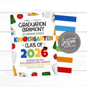 Kindergarten Graduation Ceremony Invitation, Grad Party invite class of 2026, Editable Announcement, Decor Printable Instant Access Edit now