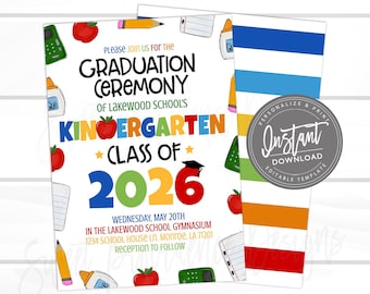 Kindergarten Graduation Ceremony Invitation, Grad Party invite class of 2026, Editable Announcement, Decor Printable Instant Access Edit now