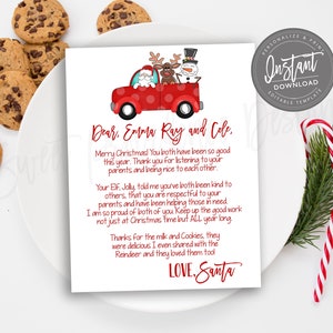 May include: A Christmas-themed printable letter from Santa Claus, featuring a red truck carrying Santa, a reindeer, and a snowman. The letter is addressed to Emma Ray and Cole, with text in red. Chocolate chip cookies and candy canes are also visible.