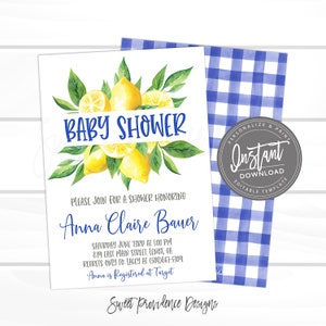 May include: A baby shower invitation with a watercolor illustration of lemons and green leaves. The text reads "Baby Shower" in blue letters and "Please join for a shower honoring Anna Claire Bauer" in black letters. The invitation also includes the date, time, and location of the shower, as well as the registry information.