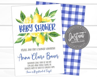 Lemon Baby Shower Invitation. Floral Lemon Baby Shower. Lemonade Blue Baby Shower. Summer Shower. Citrus Baby Shower Invite. Instant Access
