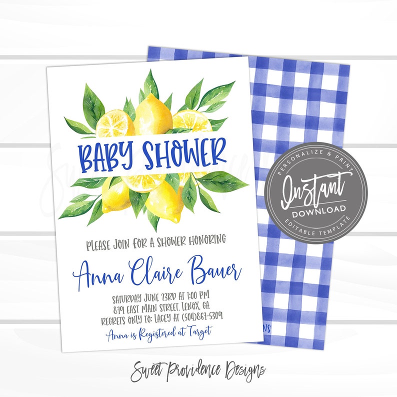 May include: A baby shower invitation with a watercolor illustration of lemons and green leaves. The text reads "Baby Shower" in blue letters and "Please join for a shower honoring Anna Claire Bauer" in black letters. The invitation also includes the date, time, and location of the shower, as well as the registry information.