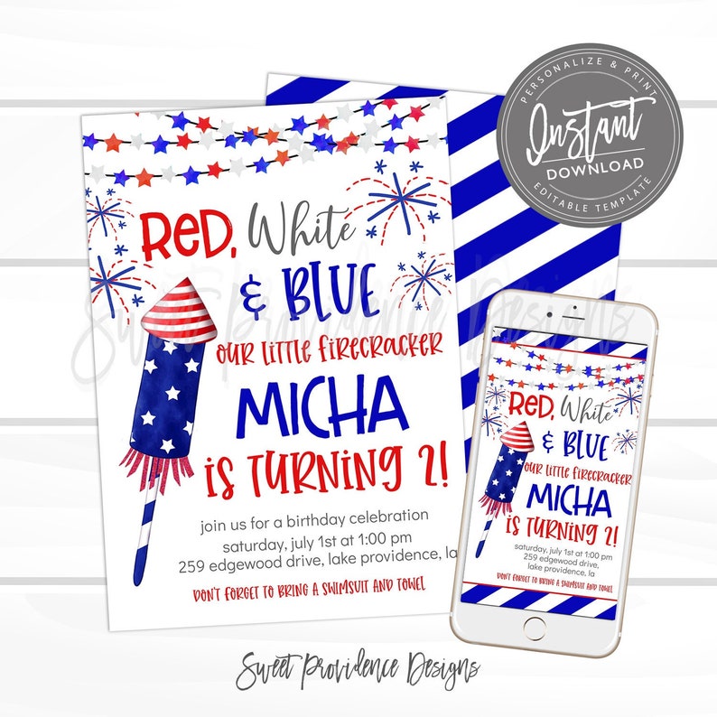May include: Red, white, and blue birthday party invitation with a firework graphic. The invitation says "Red, White & Blue Our Little Firecracker Micha is Turning 2!" and includes the date, time, and location of the party.