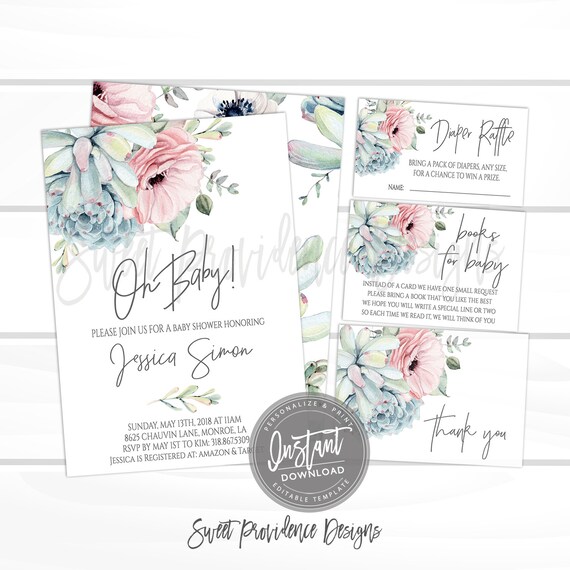 EDITABLE Succulent Baby Shower Invitation Kit, Boho Baby Shower Invitation Suite, Pink Oh Baby Invite, Instant Access- Edit NOW Il_570xn